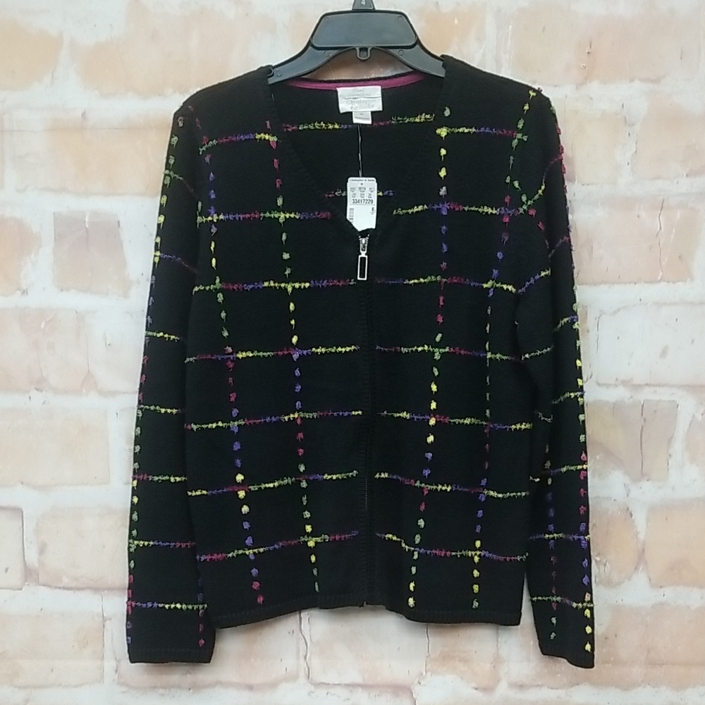 Christopher & Banks Women's Black Cardigan Sweater with Multicolor Pattern